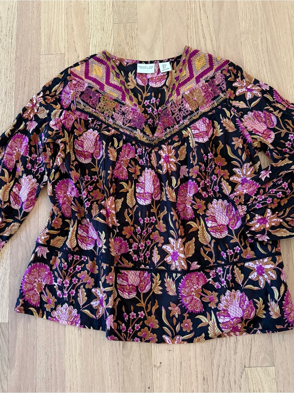 Rachel Zoe Small Black & Purple Boho Floral V Neck 100% Cotton Lightweight Top